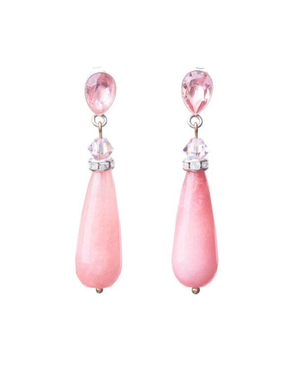 Drop Silver Earrings with Rose-Colored Stones and Pear Stud Posts